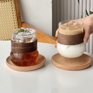 Glass Cups with Wooden Sleeves and Saucers